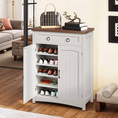 Moasis Farmhouse 20 Pairs Shoe Cabinet with Drawer Rattan Shoes Rackt with Doors for Entryway Hallway