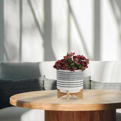 10-inch Ceramic Planter On Stand with Dots