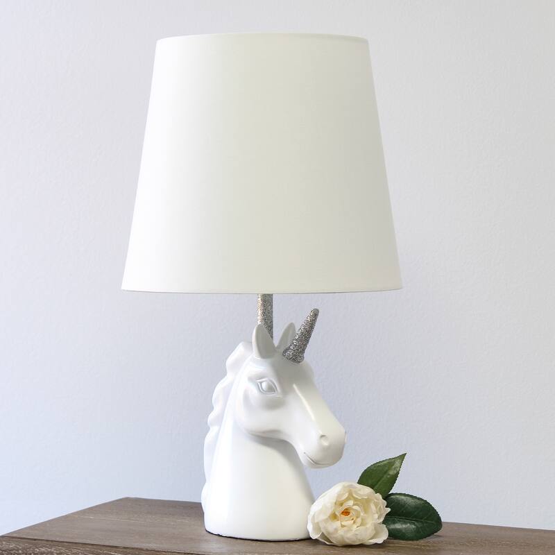 Simple Designs 15.5" Sparkling Glitter Unicorn Table Lamp, White with Blue Glitter, With LED Bulb