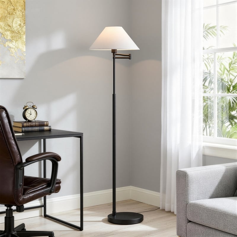KAWOTI Modern Swing Arm Floor Lamp with Conical White Shade - W21.25" x D 15.5" x H62.25"