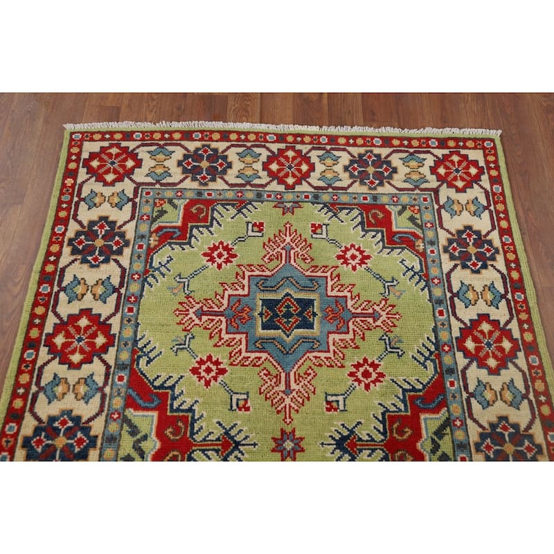 Pistachio Green Geometric Kazak Accent Rug Handmade Wool Carpet - 3'3" x 4'11"