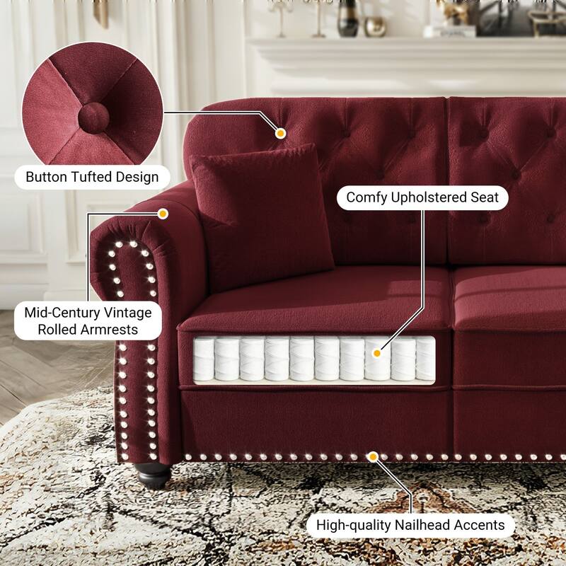 82.6" Velvet Sofa with Button Tufted, 3 Pillows and 1 Ottoman