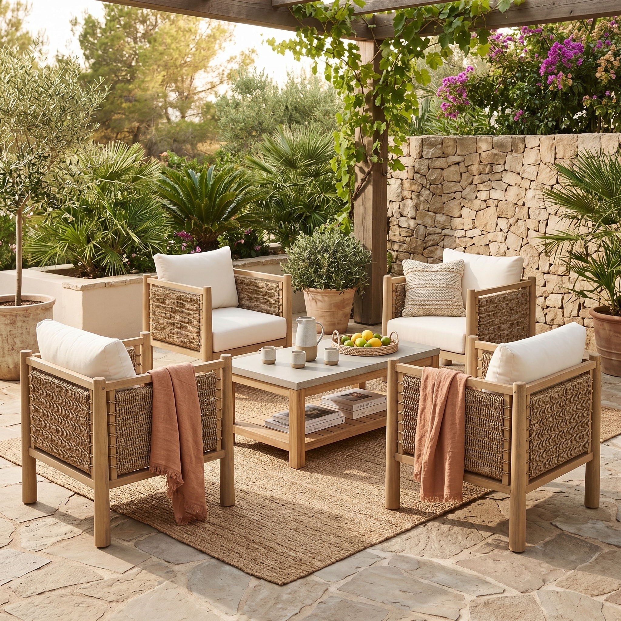 Christopher Knight Home - Rivetti Set of 4 Outdoor Armchairs, Acacia Wood with PE Wicker Woven Arms & Water-Resistant Cushion