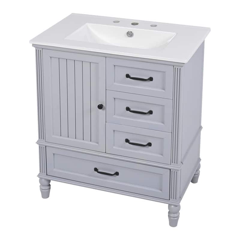 30" Bathroom Vanity with Ceramic Sink Top, Modern Bathroom Storage Cabinet with 1 Door, 3 Drawers and Solid Wood Legs