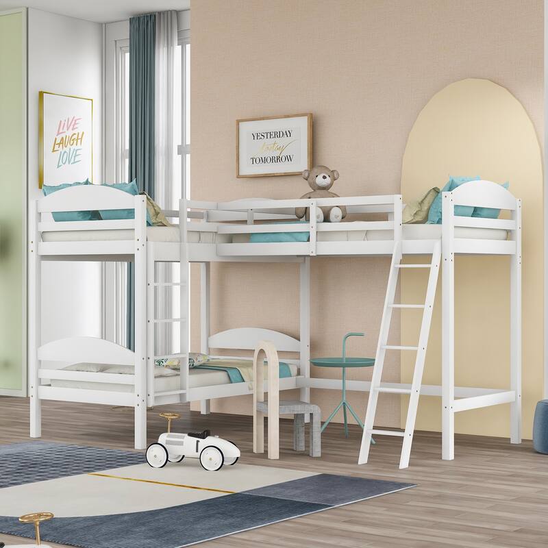 Twin L-Shaped Bunk Bed with Trundle, Wood Platform Bed Frame 2 Bunk Bed with Ladder for Small Living Spaces Multi-Child Families