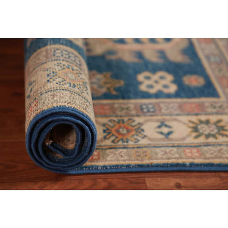 Blue Kazak Foyer Rug Handmade Traditional Geometric Wool Carpet - 2'7"x 3'11"