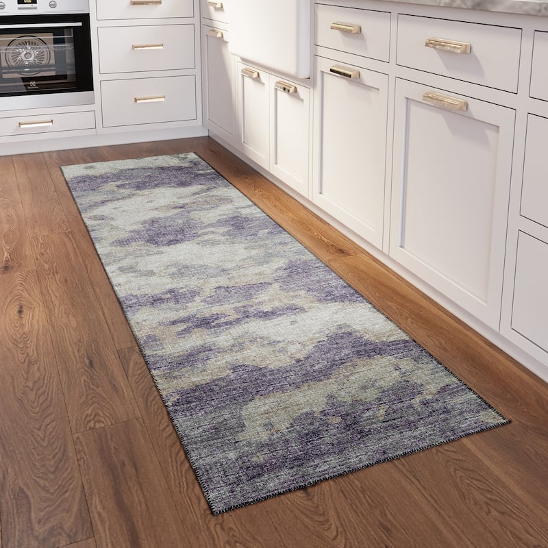 Indoor/ Outdoor Accord Modern Waves Washable Rug New - 2'3" x 7'6" Runner - Purple Mauve Silver