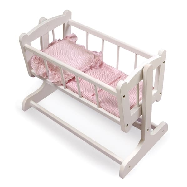slide 2 of 8, Badger Basket Heirloom Style Doll Cradle with Bedding - White/Pink - 23.75" x 14" x 17"