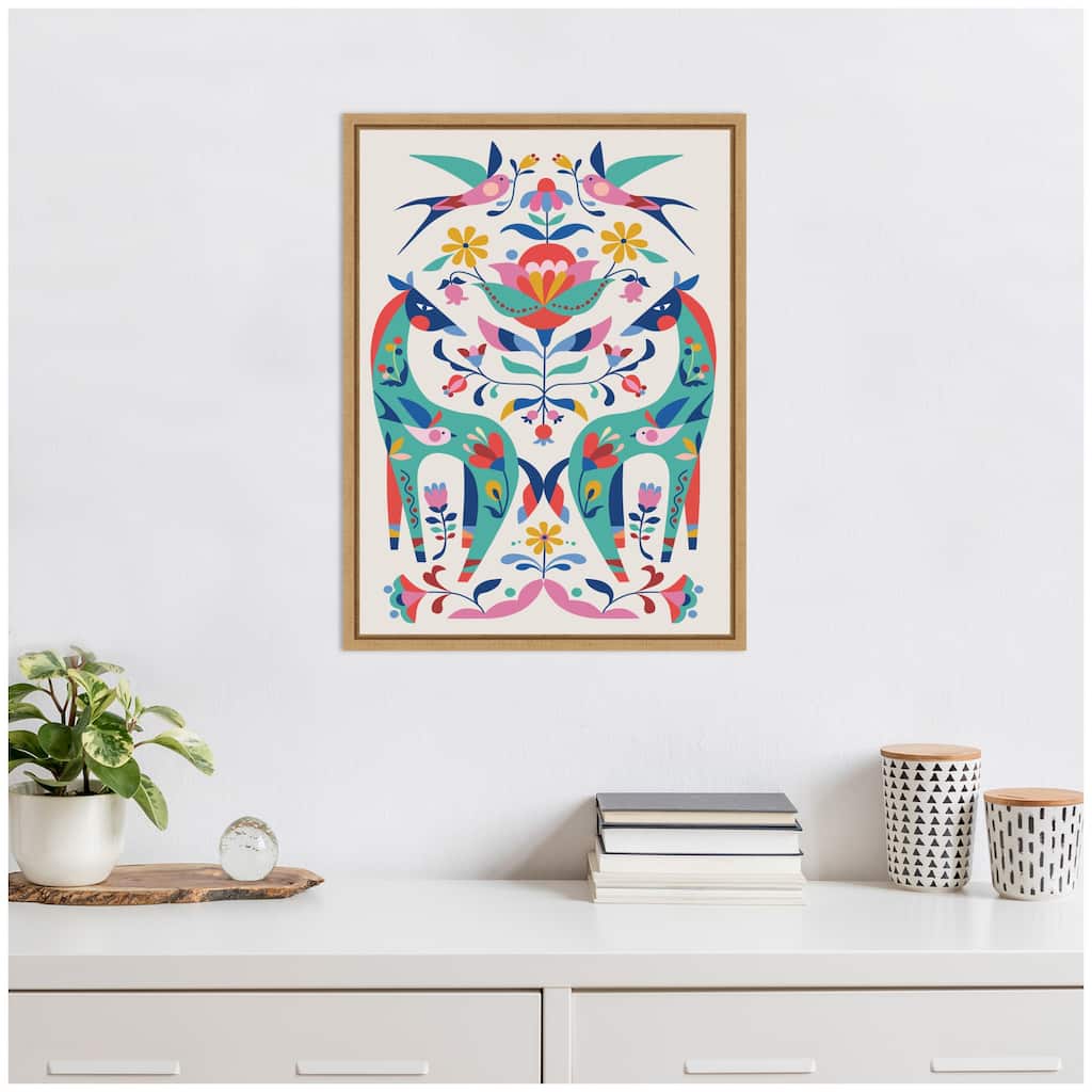 Kate and Laurel Sylvie Folk-art Horses and Birds Framed Canvas by Rachel Lee