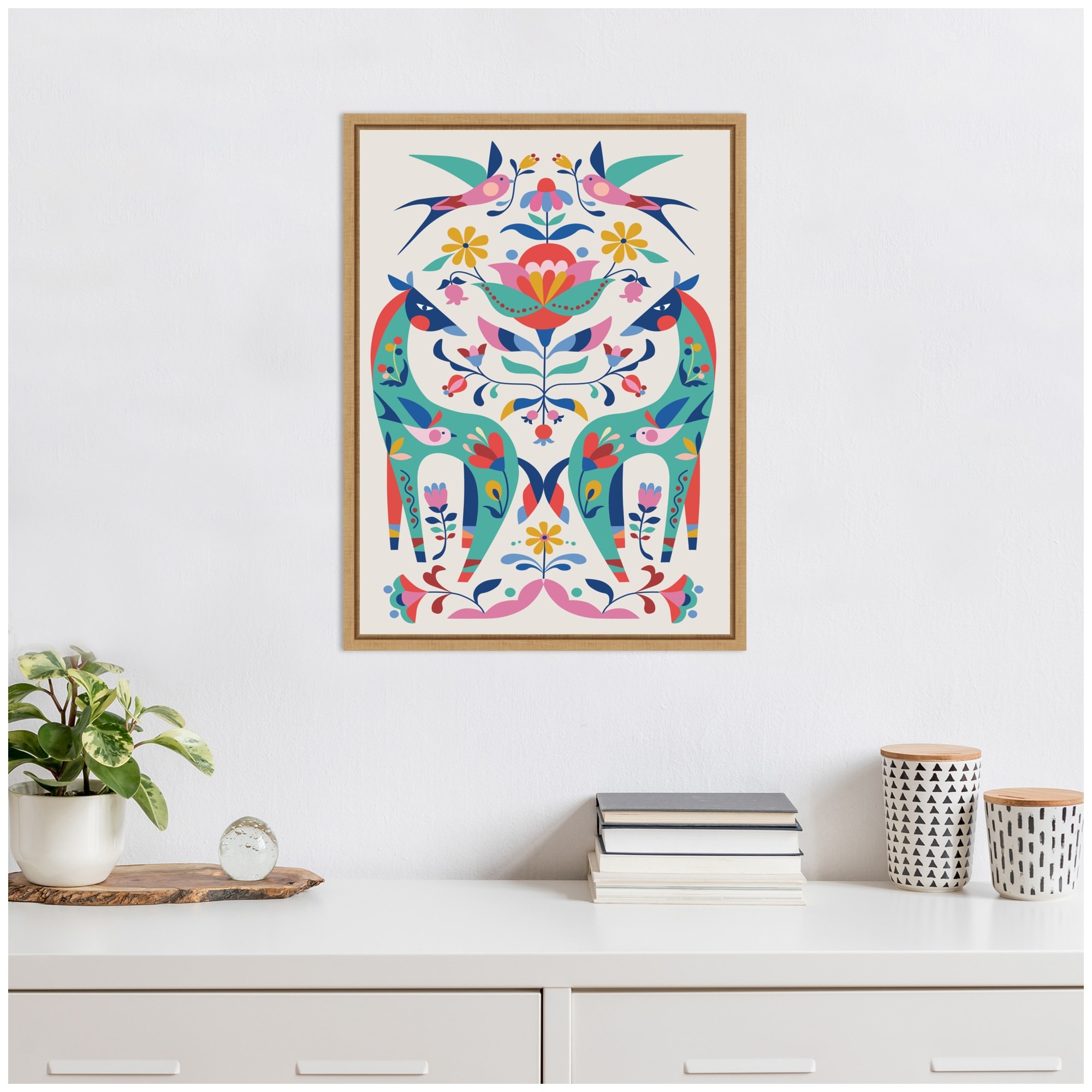 Kate and Laurel Sylvie Folk-art Horses and Birds Framed Canvas by Rachel Lee