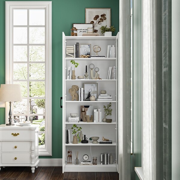 Tiers Bookcase with LED Light, 78.7" Tall Display Cabinet Glass Doors - 78.7"H