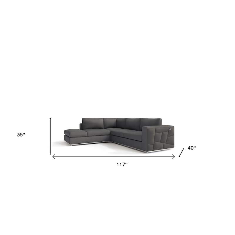 HomeRoots Dark Gray Italian Leather Reclining L Shaped Two Piece Corner Sectional - 117