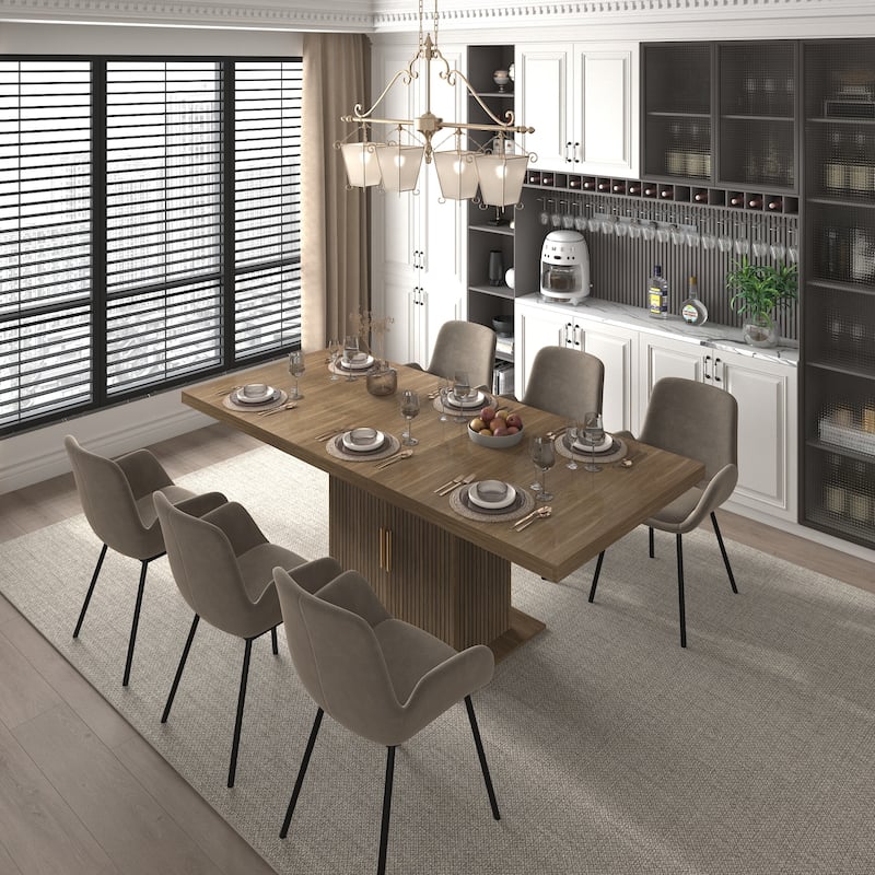 Extendable Cabinet Dining Table with Storage, Wood Kitchen Table with Striped Cabinet, Waterproof Coffee Table