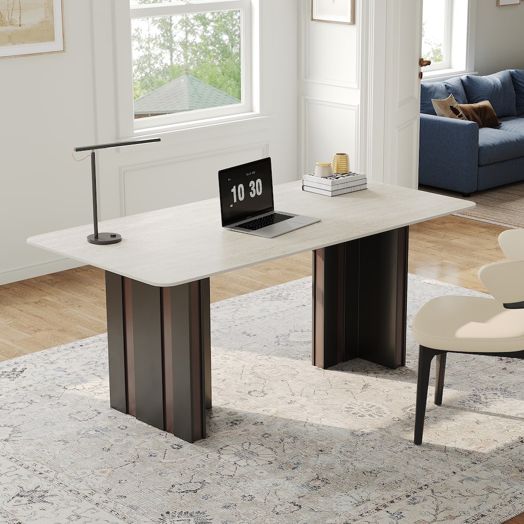 63" Modern Rectangular Writing Desk, Travertine Sintered Stone Top, Stainless Steel Double Base