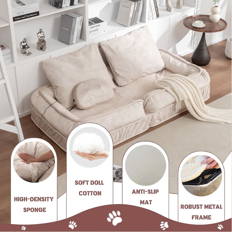 Upholstered Human & Dog Bed, Adjustable 5-Position Bean Bag Floor Sofa with Massage Pillow and 2 Soft Cushions for Adults & Pets