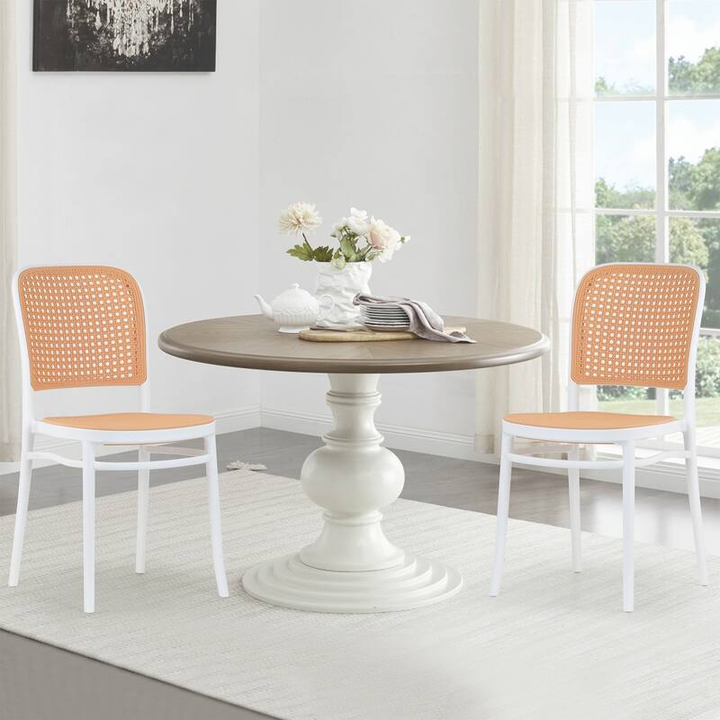 Set of 2 Balto White Plastic Dining Chair with Rattan Detail