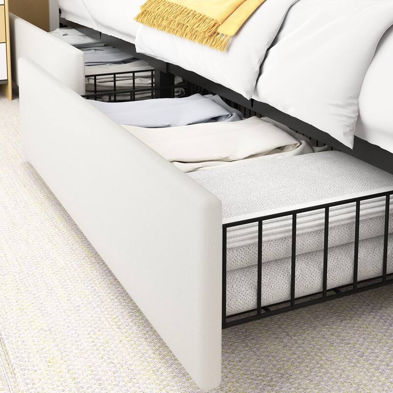 White Bed Frame with 4 Storage Drawers, Upholstered Platform Bed Frame with Adjustable Headboard