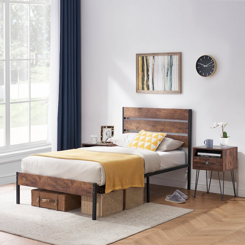 Taomika 3-Pieces Industrial Bed and Modern Square Nightstands Set - Brown - Twin