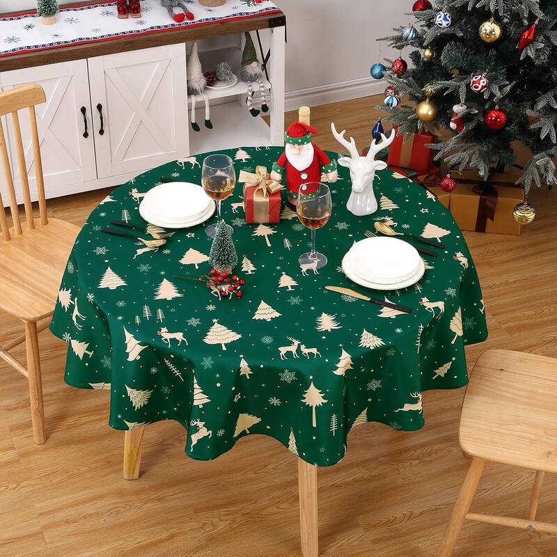 Christmas Round Tablecloth Waterproof Holiday Xmas Decor, Green - 60"round