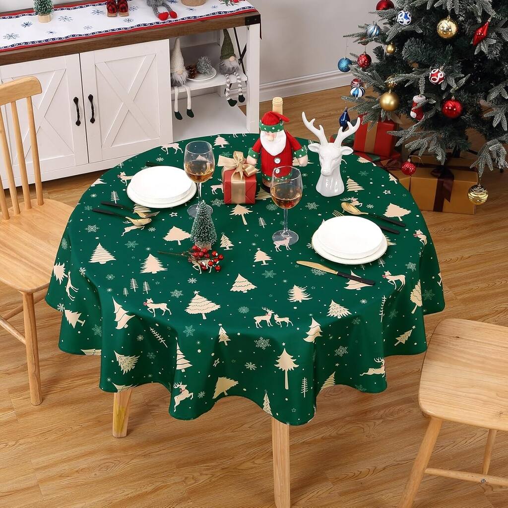Christmas Round Tablecloth Waterproof Holiday Xmas Decor, Green