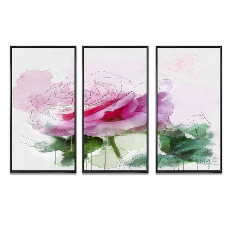Designart "Pink Rose Sketch with Green Leaves" Floral Framed Wall Art Set of 3 4 Colors of