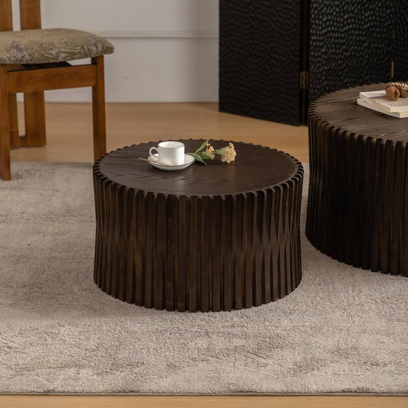 GDFStudio Kaelvin Vintage Round Nesting Coffee Table Set with Fir Wood Relief