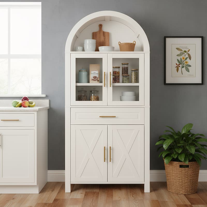 71" Tall Arched Kitchen Pantry Cabinet with Glass Door, Farmhouse Storage Pantry Cabinet with Adjustable Shelves - White