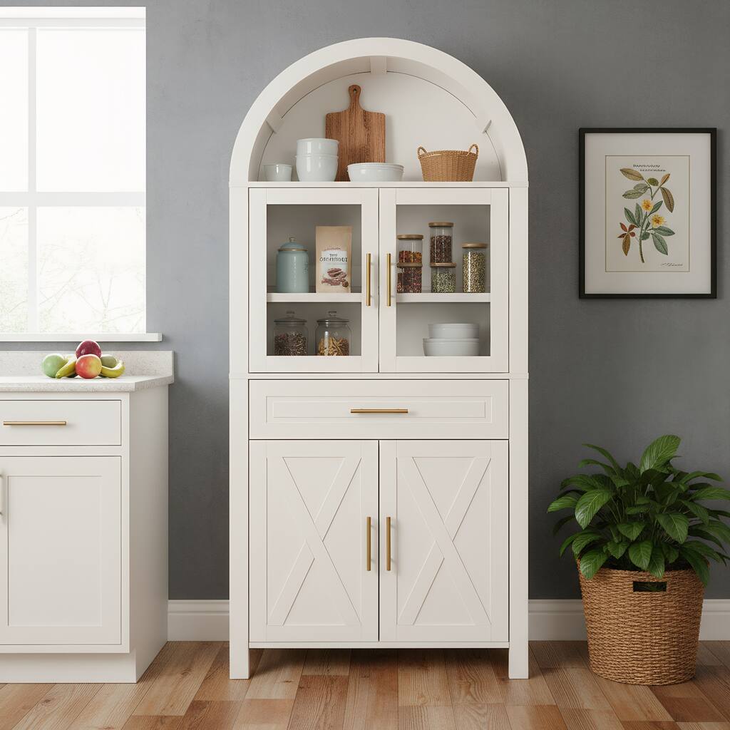Arched Kitchen Pantry Cabinet with Glass Door, Farmhouse 71" Storage Cabinet with Adjustable Shelves & Barn Door Design