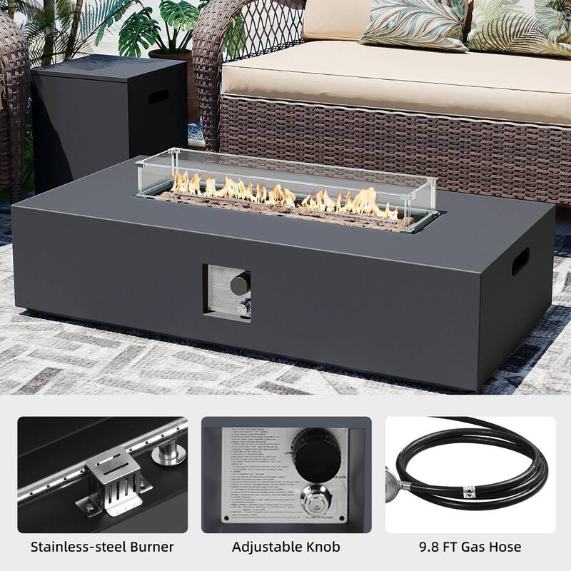 Patio Watcher iron outdoor fire pit table with gas tank cover, lid, and glass wind guard