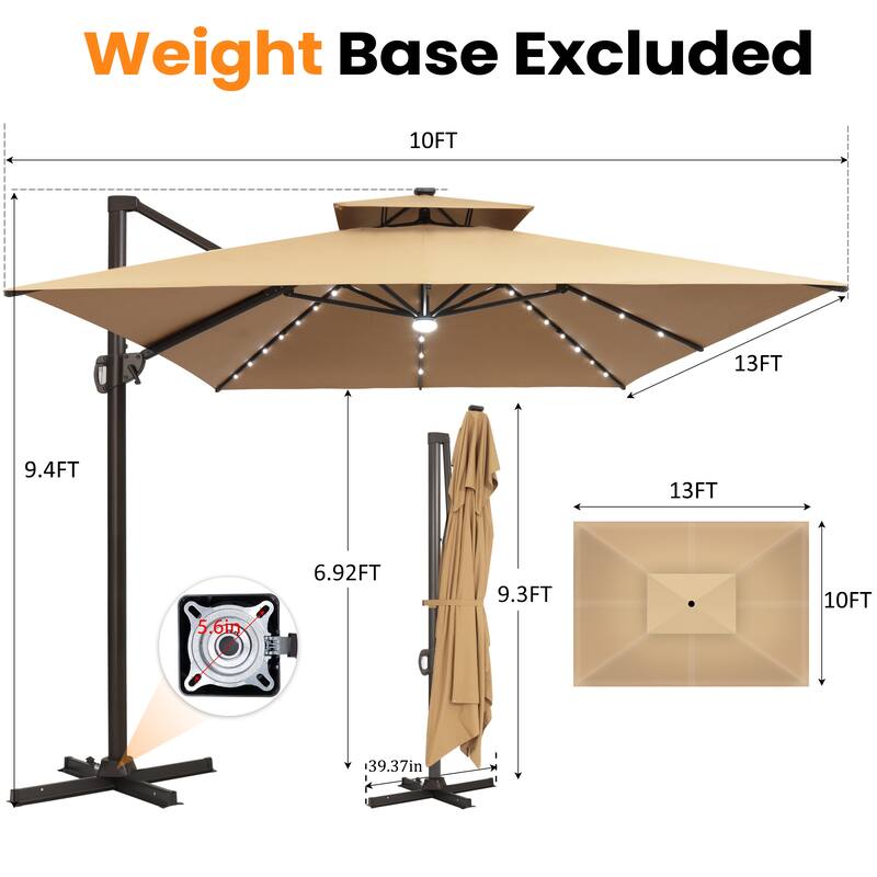 VredHom 10X13 FT Outdoor Cantilever Patio Umbrella Solar LED Light