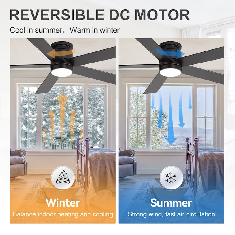 42"/52" Modern Black Flush Mount Ceiling Fan with LED Light and Remote