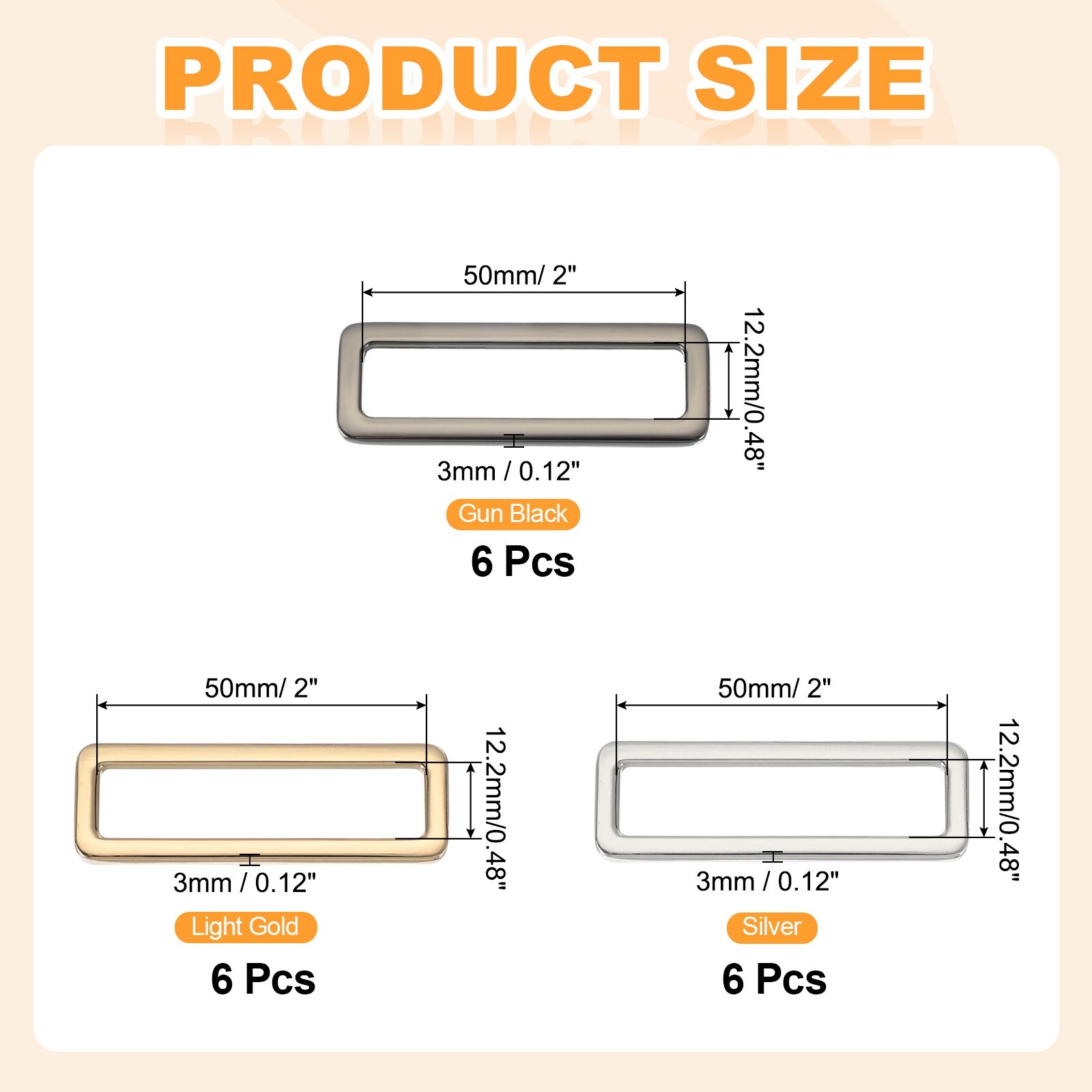 Metal Flat Rectangle Ring Metal Rectangular Buckle Rings Square Strap Webbing Loop for Bag Belt - Gun Black/Light Gold/Silver