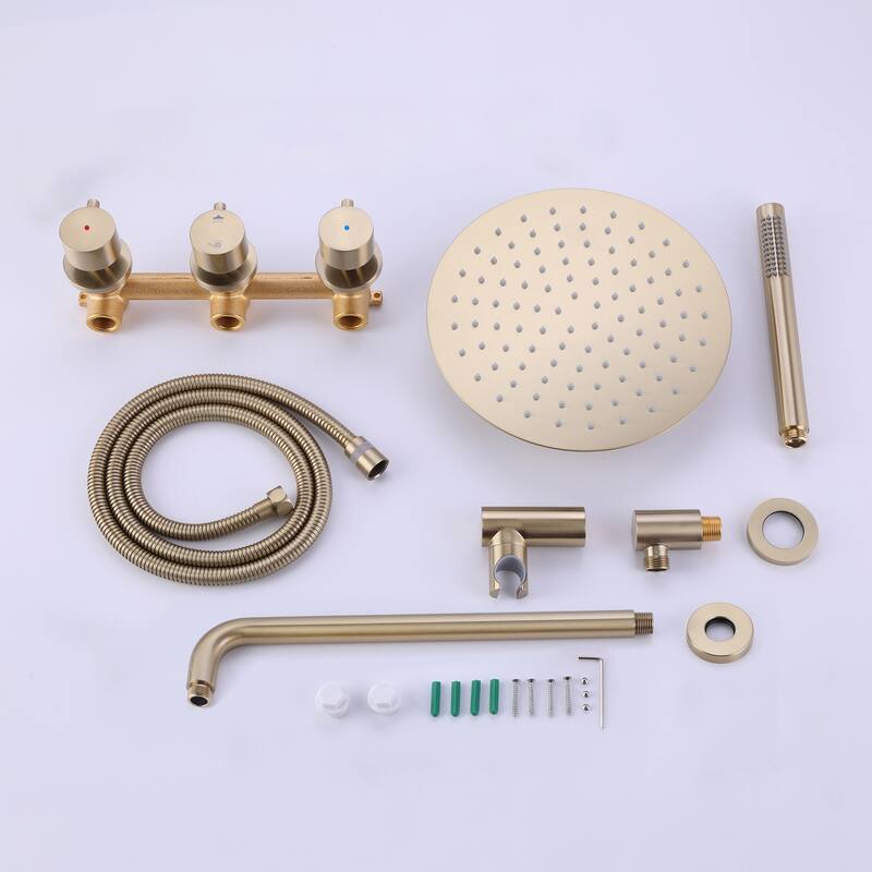 Triple Handle 2-Spray Shower Faucet 1.8 GPM with Ceramic Disc Valves Brass Wall Mounted Shower System in Brushed Gold
