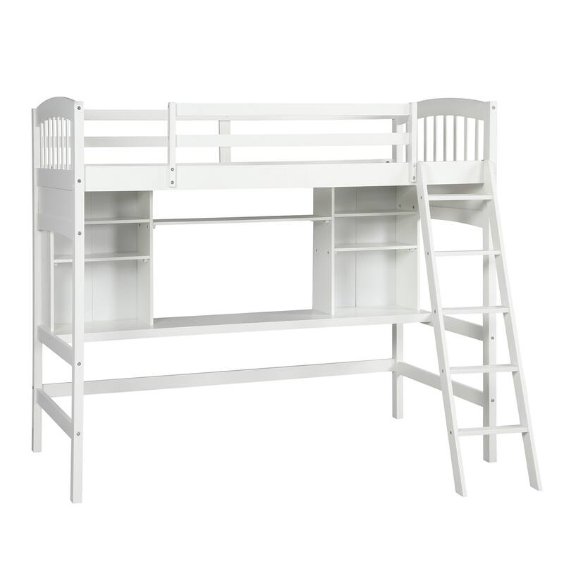 Twin Size Loft Bed with Storage Shelves, Desk, and Ladder