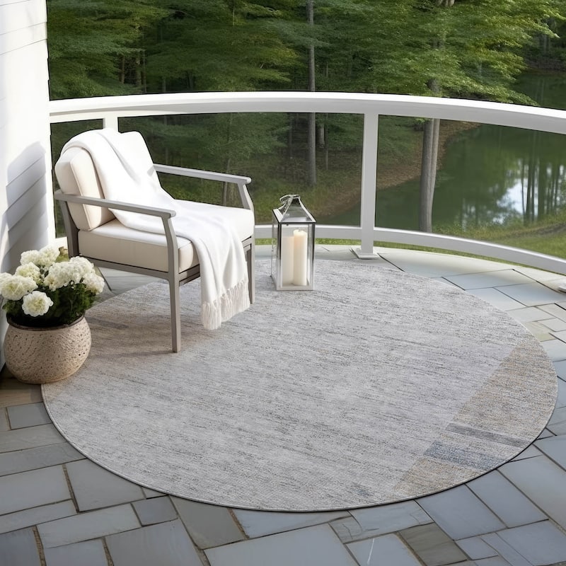 Machine Washable Indoor/ Outdoor Chantille Modern Border Rug - Taupe - 8' x 8'