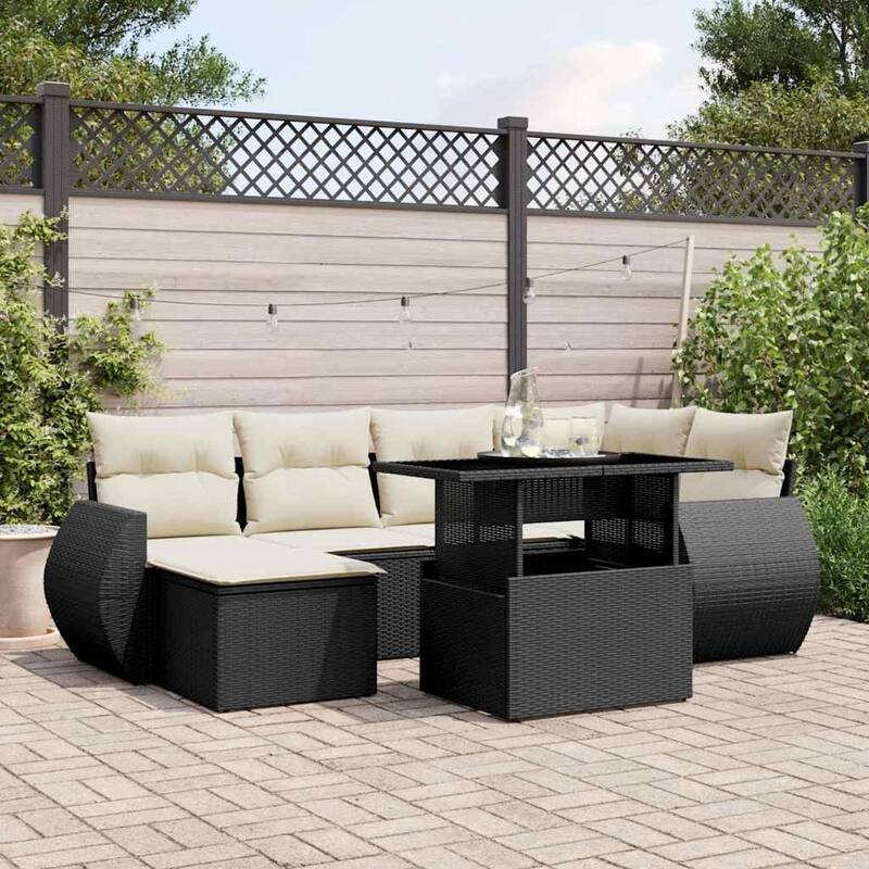 vidaXL Patio Sofa Set with Cushions Outdoor Furniture 7 Piece Poly Rattan - Black and Cream-without storage - 21.7 x 39.4 x 28.7