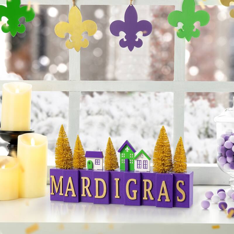 Glitzhome 14"L Valentine's/ Mardi Gras/ St. Patrick's Wooden House/Brush Trees Table Decor - Purple
