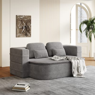 2-in-1 Floor Sleeper Sofa Bed Corduroy Foldable Sofa with Functional Blanket and Pillows for Living Room Bedroom Studio