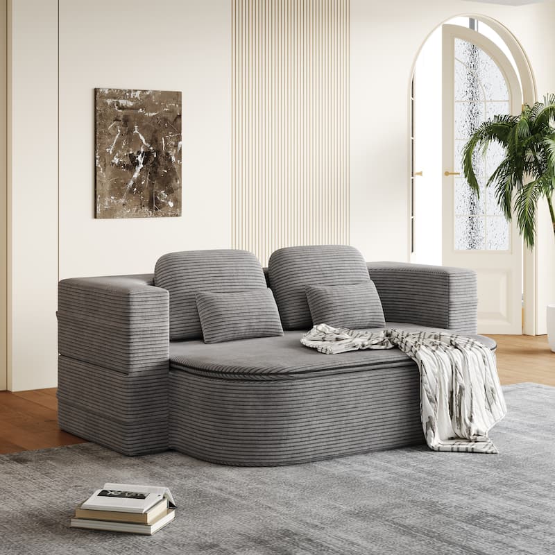 GDFStudio - Lysander Corduroy Foldable Sleeper Sofa Bed with Multi Functional Blanket