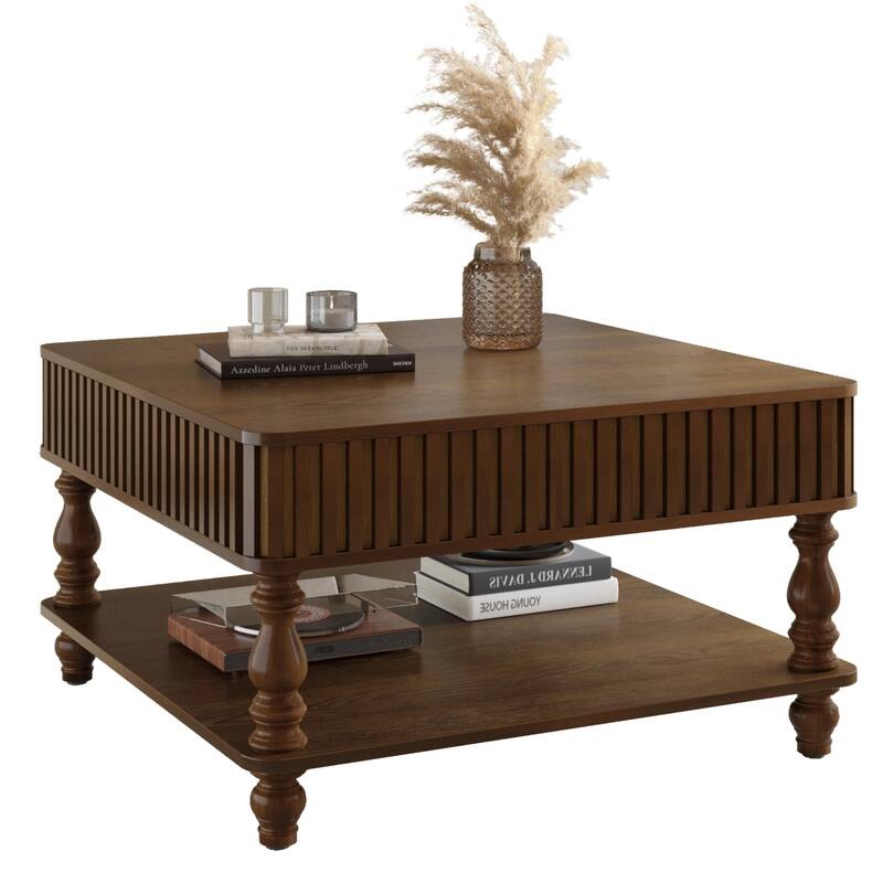 Rustic Style Lift-Top Coffee Table with Hidden & Open Storage