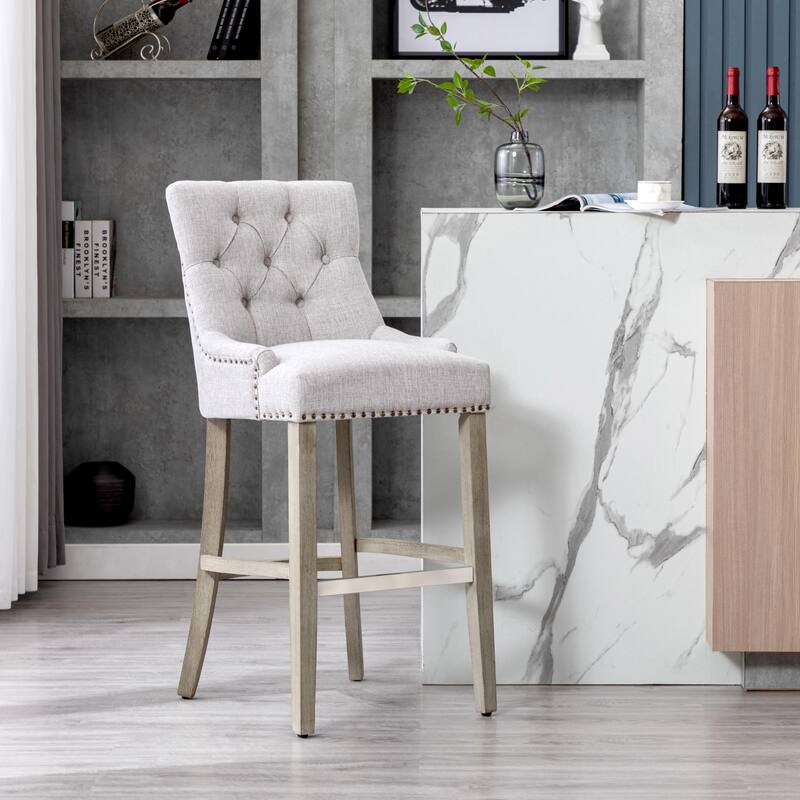 Carter 29" Upholstered Button Tufted Bar Stool, Antique Gray Legs - Light Gray