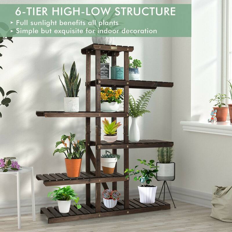 Gymax Wood Plant Stand 6 Tier Vertical Shelf Flower Display Rack - 40'' x 10'' x 48''