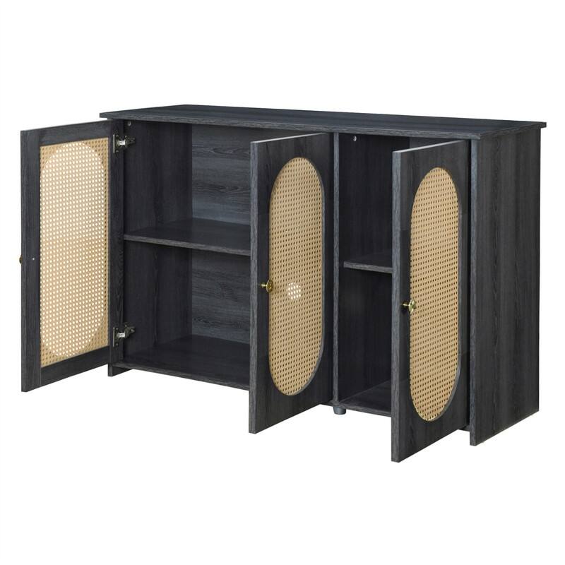 Retro 3-Door Sideboard with PVC Rattan Doors and Metal Handles, Buffet Cabinet Accent Storage Cabinet with Storage Shelves