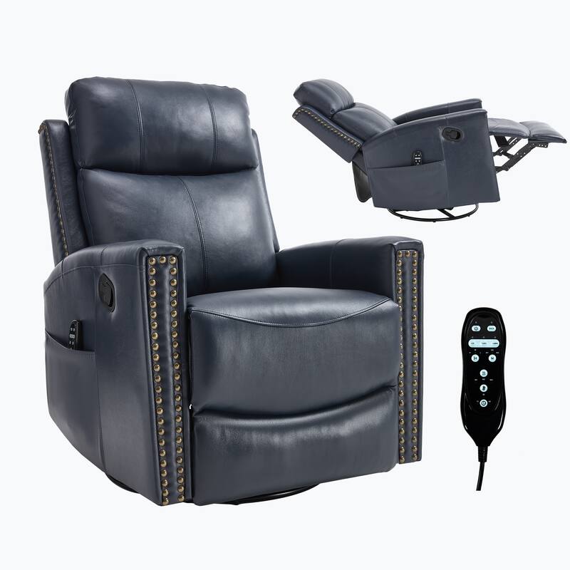 One Piece Genuine Leather Recliner Chair with Massage Heat Rocker and Swivel