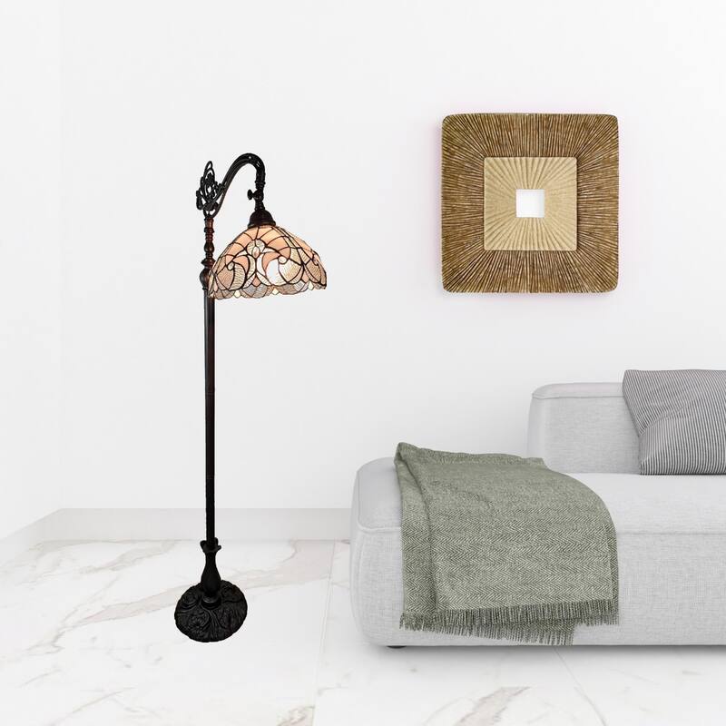 Brown Metal Traditional Floor Lamp with White Stained Glass Shade - 11” x 11” x 62” (D x W x H)