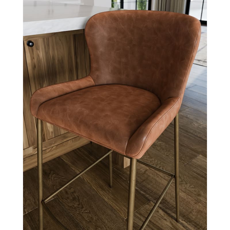 Maven Lane Naomi Metal Kitchen Stool with Vegan Leather Upholstery - Antique Brass - Bar Height