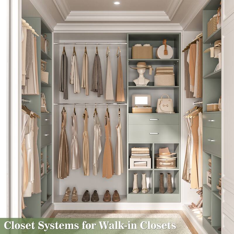 66''-100'' Walk-in Closet Organizer with 5 Hanging Rods and 2 Wooden Drawers，4-8FT Sturdy Closet System with Storage Shelves
