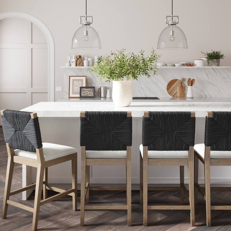 Beacon Bohemian Boucle Bar Stool, Upholstered Counter Height Chair with Solid Wood Frame and Woven Seagrass Back