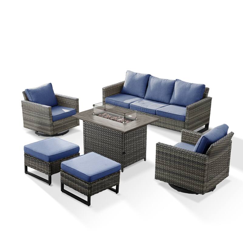 Outdoor Sofa 2 Swivel Chairs Ottomans and Fire Pit Table