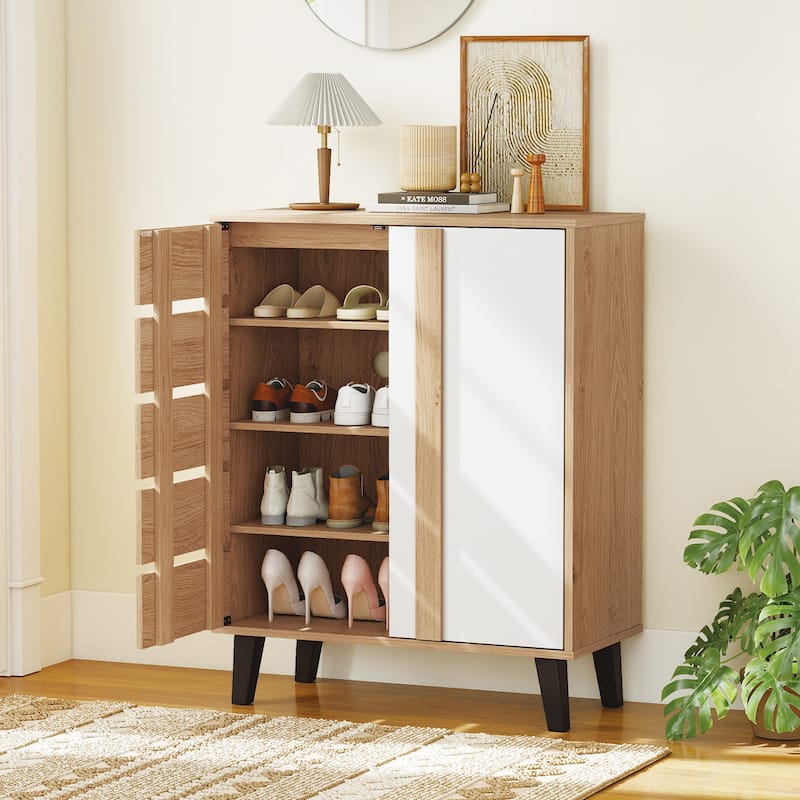 Gymax 2-Door Shoe Cabinet 4-Tier Farmhouse Shoe Organizer w/ Louvered